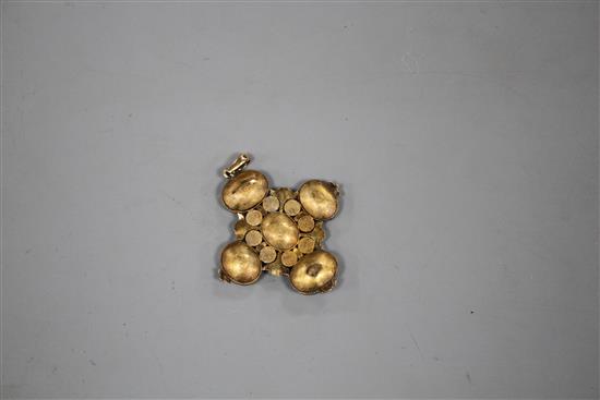 A 19th century textured yellow metal, amethyst and split pearl set cross pendant, 39mm, gross 9 grams.